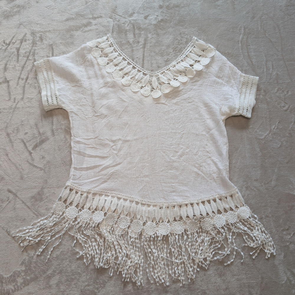 White Crochet Fringe Trim Beach Wear Women's Top Swim Cover Up Shirt Resortwear image 5